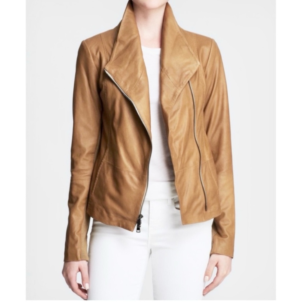 Vince Tan Leather Biker Jacket Size XS